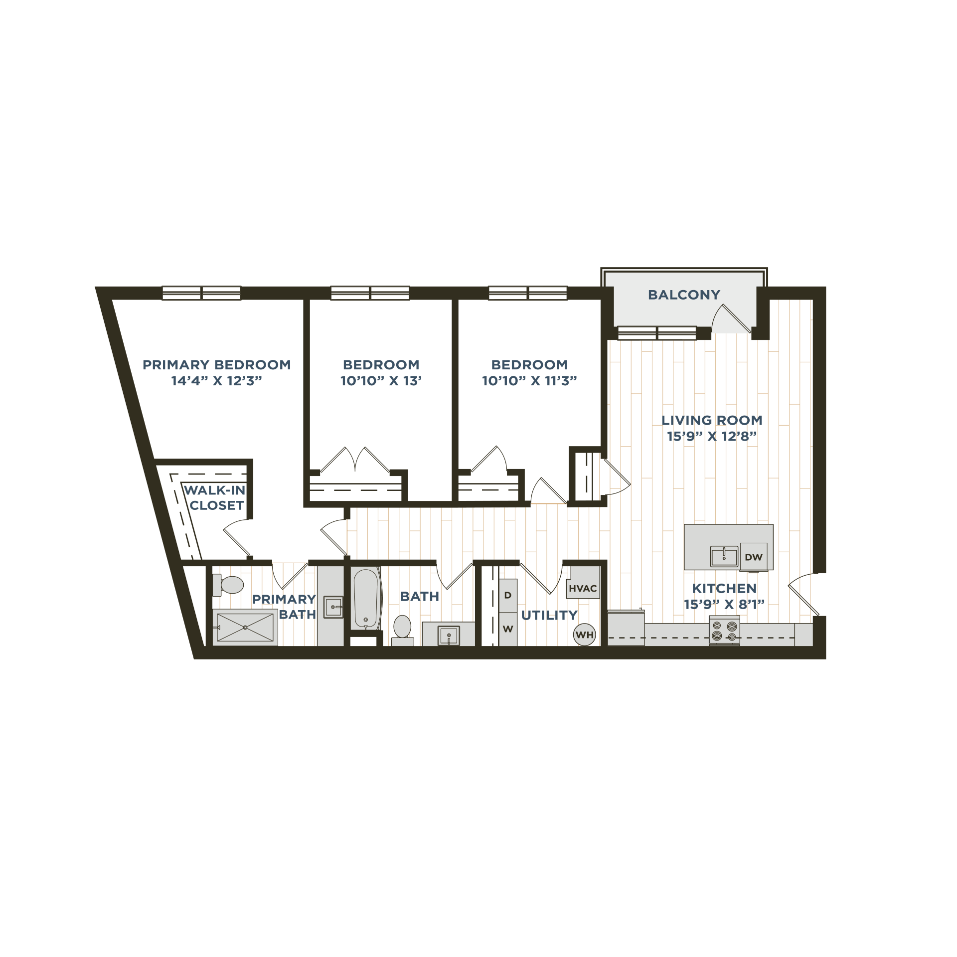 Floor plan for 3 beds, 2 baths, 1256 sqft